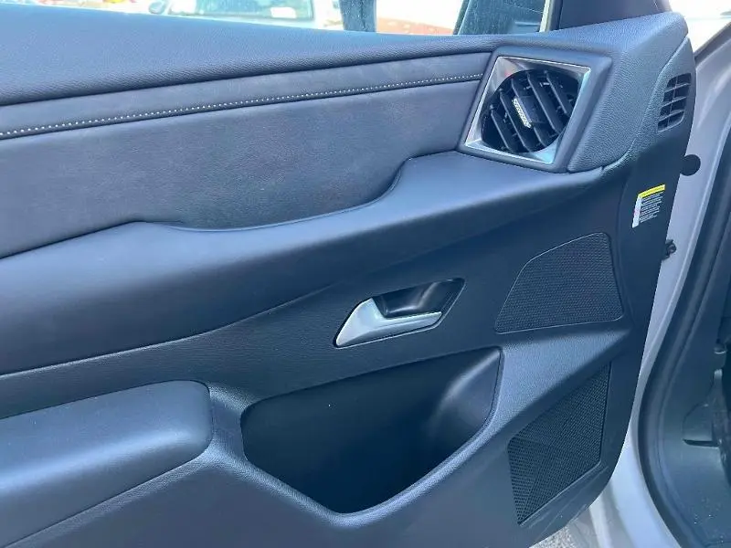 Vue rapprochée de la porte avant gauche du DS3 Crossback E-Tense 2021 en cuir noir avec haut-parleurs intégrés.