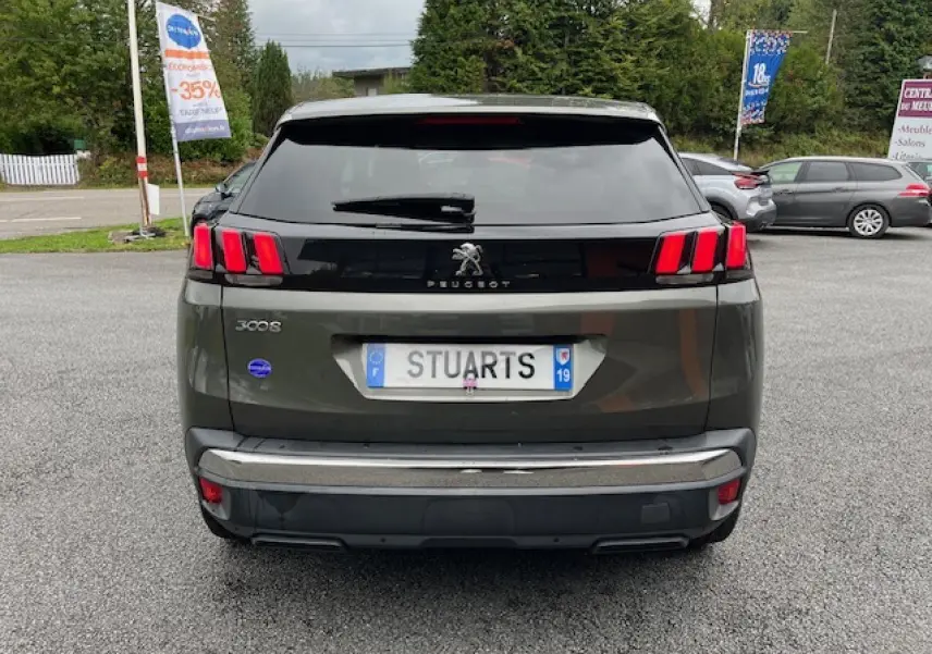 Vue arrière d'un Peugeot 3008 gris amazonite de 2019 avec feux arrière à trois griffes caractéristiques et plaque française.