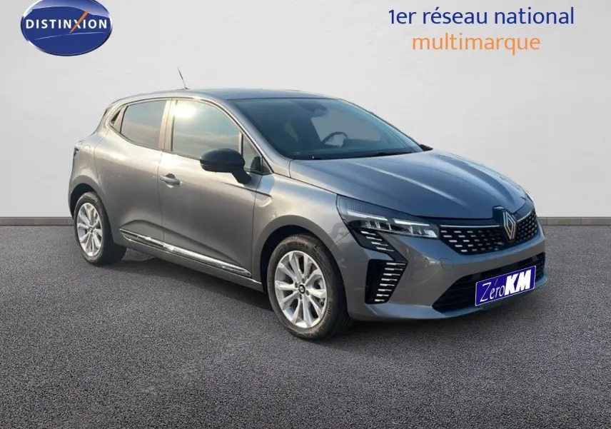Renault Clio 1.5 DCI gris schiste métal vue 3/4 avant droit avec feux LED et jantes alliage.