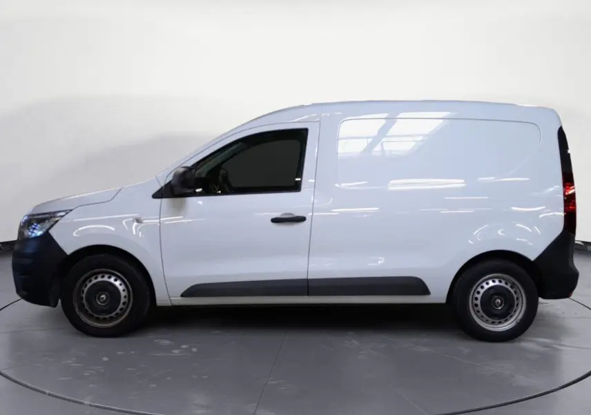 Profil côté gauche du Renault Express Van blanc 2023, version 1.5 Blue dCi 95 avec portes latérales et jantes acier.