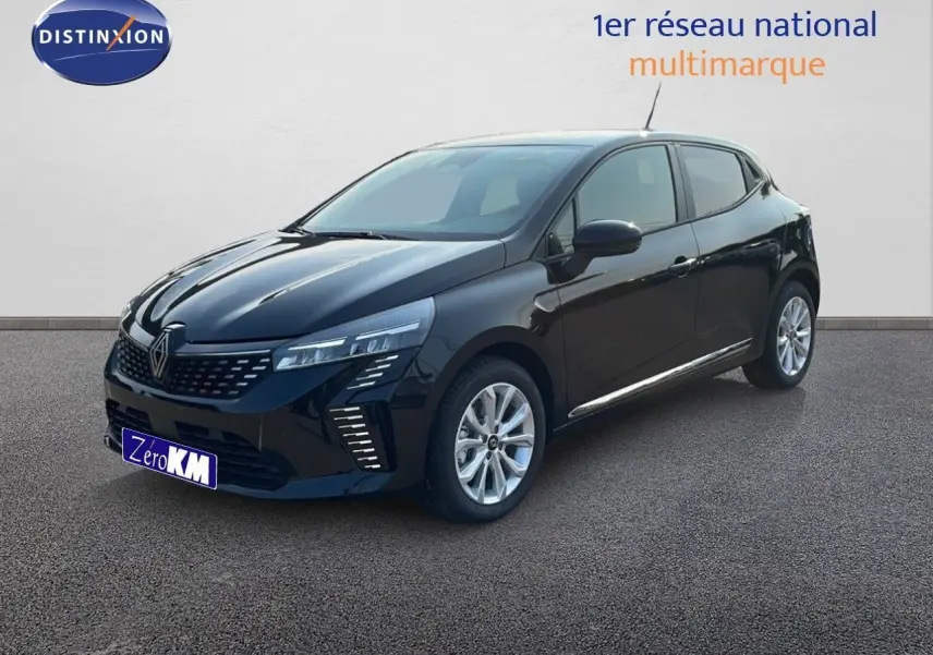 Renault Clio 2025 noir étoile métal vue 3/4 avant droit avec feux LED et jantes alliage argentées.