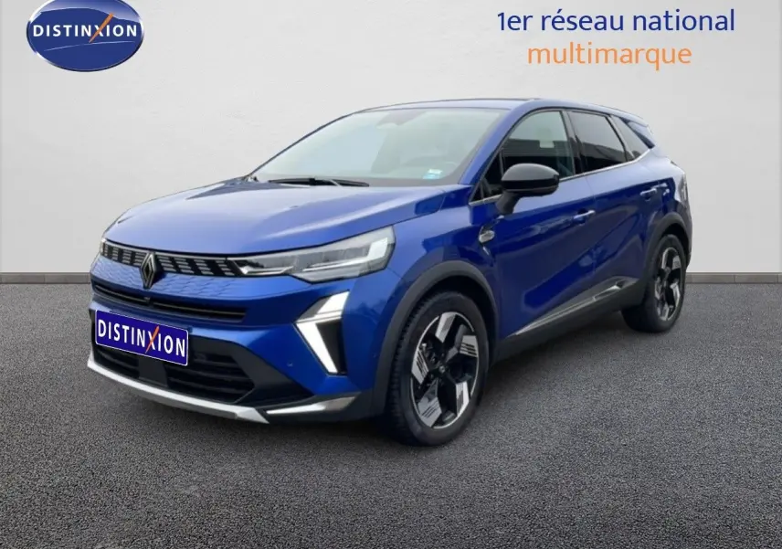 Renault Symbioz E-Tech Full Hybrid bleu Iron Metal, vue 3/4 avant droit avec jantes noires et grises distinctives.