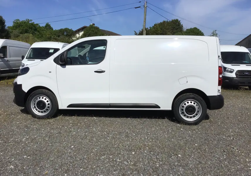Peugeot Expert Fourgon blanc vu de profil côté gauche, avec carrosserie lisse et roues acier, stationné sur sol gravillonné.