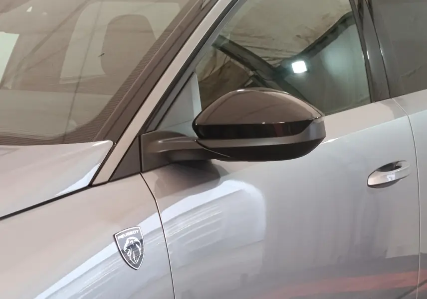 Détail du côté gauche d’un Peugeot 5008 gris clair, avec rétroviseur noir et logo Peugeot sur l’aile avant.