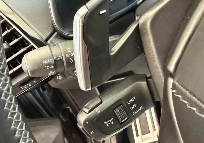 Gros plan sur la commande de régulateur de vitesse au volant cuir noir du DS7 Crossback gris foncé, version 2018.