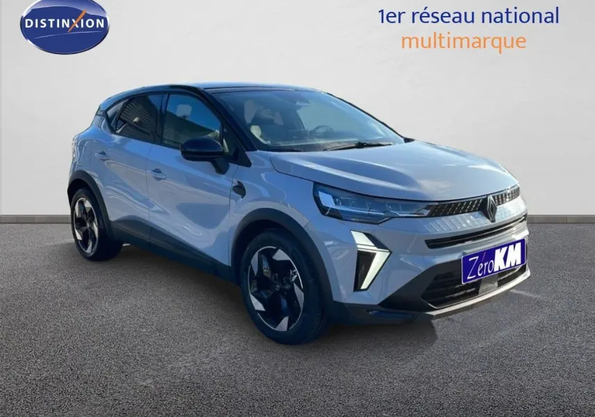Renault Captur E-Tech hybride gris Rafale métal avec toit noir, vu en 3/4 avant droit sur fond neutre.