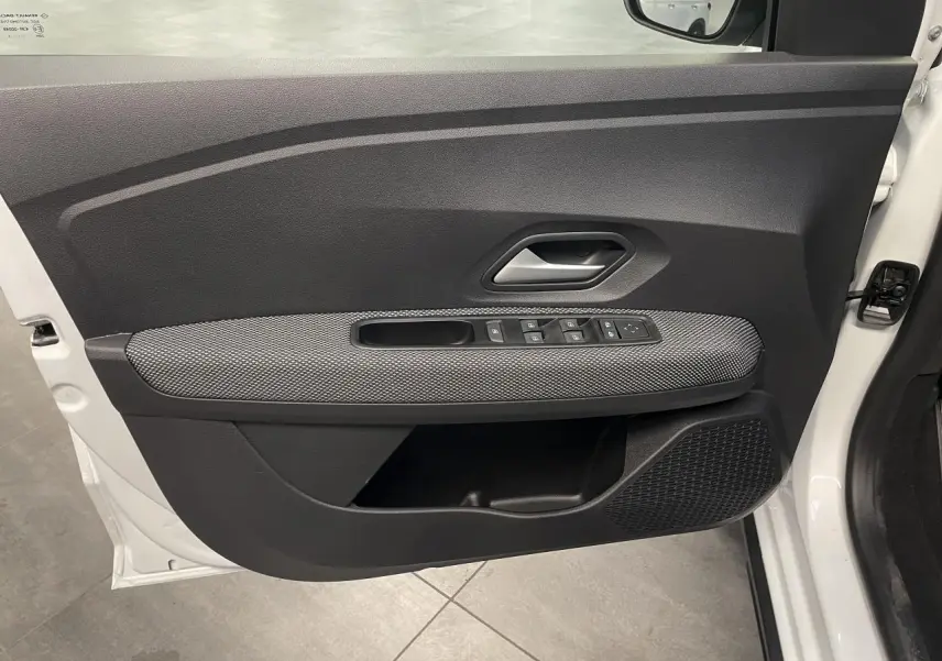 Vue intérieure côté gauche de la porte avant blanche glacée de la Dacia Sandero TCe 90 Stepway avec commandes de vitres et poignée grise.