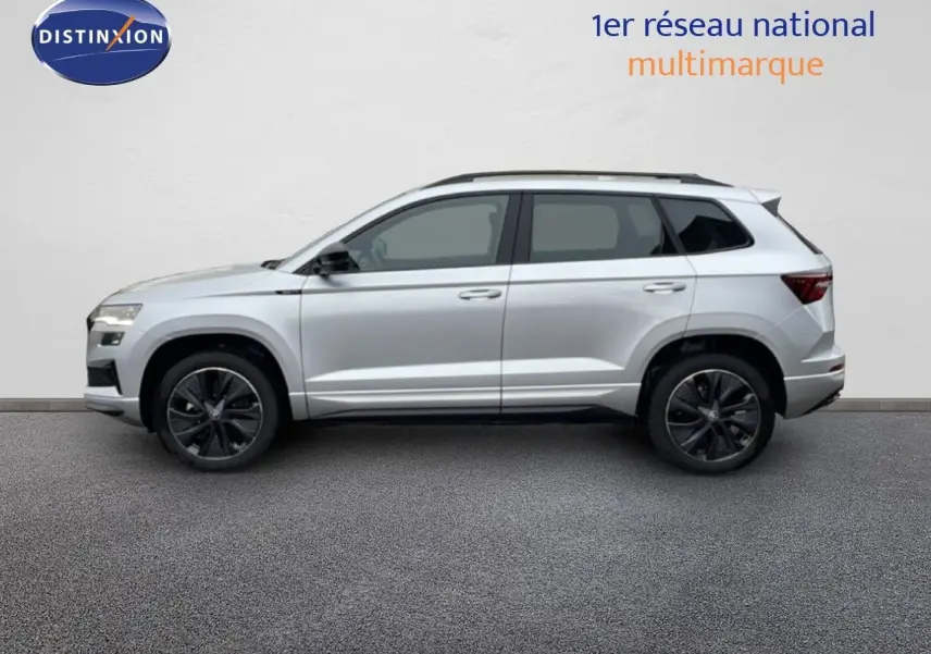 Vue de profil côté gauche d'un Skoda Karoq gris argent métallisé avec jantes noires sur fond neutre.