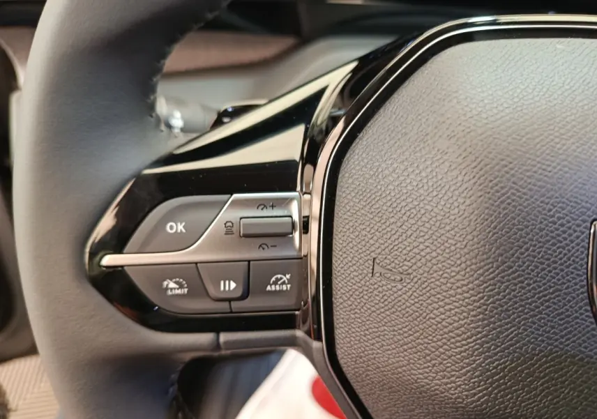 Gros plan sur le volant cuir multifonctions gris foncé de la Peugeot 308 BlueHDi 130 CH EAT8 Allure, côté gauche.