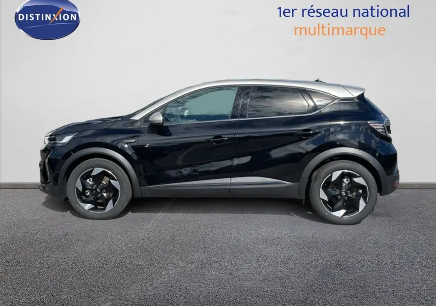 Profil latéral droit d'un Renault Captur 2025 noir étoile métal avec toit gris, soulignant ses jantes biton et lignes modernes.