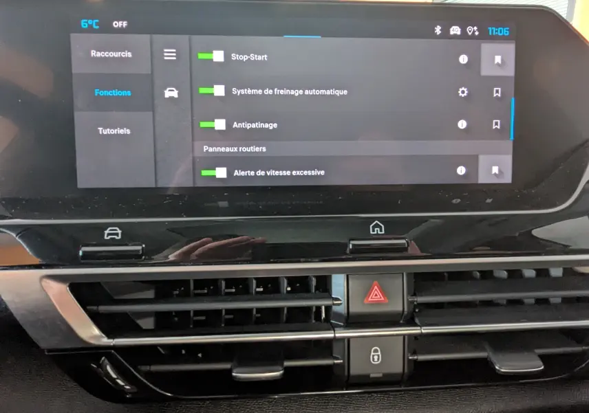 Écran tactile central de la Citroën C4 2024 affichant les options d'assistance à la conduite avec commandes sous la climatisation.