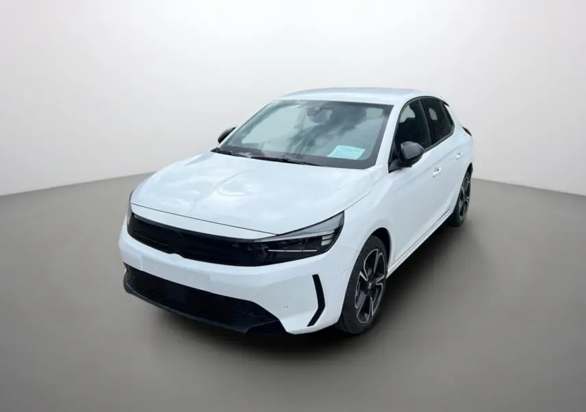 Opel Corsa Hybrid blanc kontur vue 3/4 avant droit, jantes alu noires et phares LED modernes.