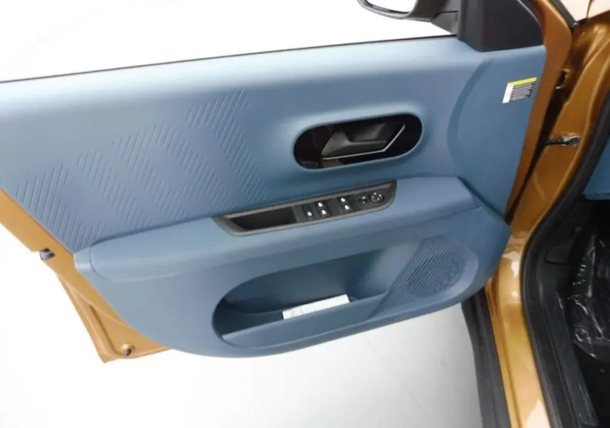 Vue intérieure côté gauche de la porte avant d'une Fiat Grande Panda 2025 bronze luna avec panneau bleu et commandes électriques.