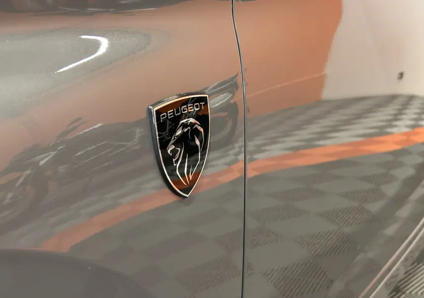 Gros plan sur l'écusson Peugeot noir et chrome sur la porte grise Sellenium d'une 308 SW 2024.