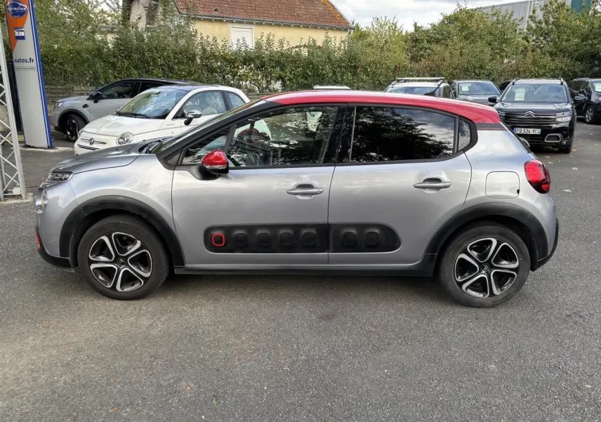Profil côté gauche d'une Citroën C3 gris clair avec toit rouge et Airbump noir à détail rouge sur porte avant.