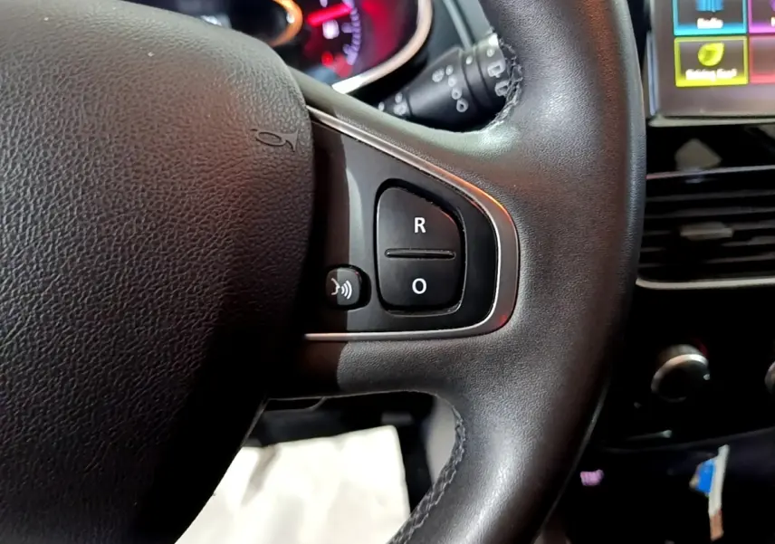 Gros plan sur le volant cuir noir de la Renault Clio Business 2018 avec commandes multifonctions visibles.