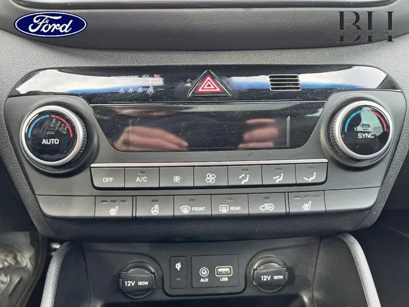 Panneau de commande climatisation et connectivité d'un Ford, avec boutons et écrans noirs brillants, vue frontale rapprochée.