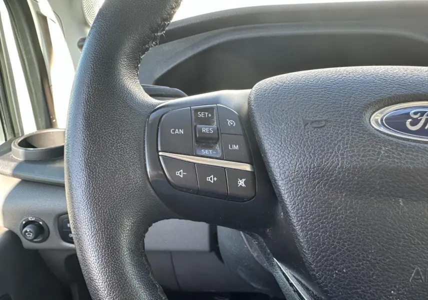 Gros plan sur le volant en cuir noir du Ford Transit Fourgon blanc, avec commandes de régulateur et volume audio.