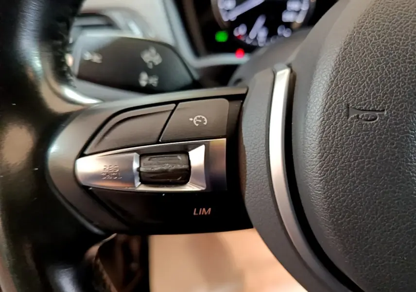 Gros plan sur les commandes du volant à gauche de la BMW X2 sDrive20i M Sport bleu, avec régulateur de vitesse.