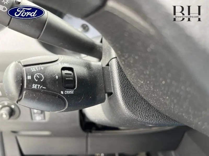 Gros plan sur la commande de régulateur de vitesse au volant d'un Peugeot Partner Tepee blanc banquise, intérieur visible.