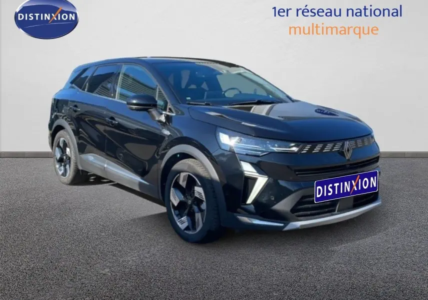 Renault Symbioz noir étoile métal en 3/4 avant droit, SUV hybride avec signature lumineuse distinctive et jantes bi-ton.