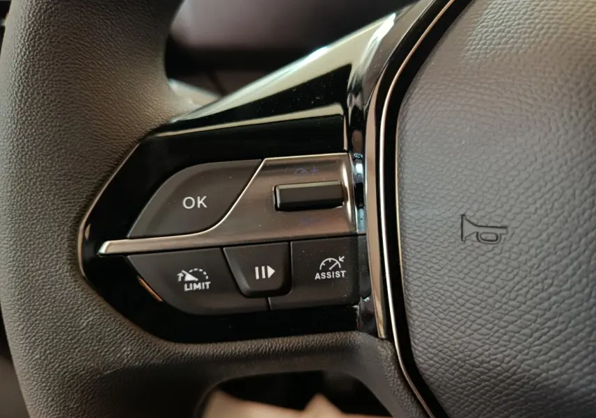 Gros plan sur les commandes gauche du volant noir du Peugeot Partner 2025, avec boutons de régulateur et assistance.