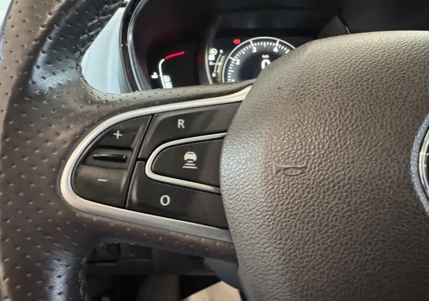 Gros plan sur le volant cuir gris foncé de la Renault Espace 2015, avec commandes de régulateur de vitesse visibles.