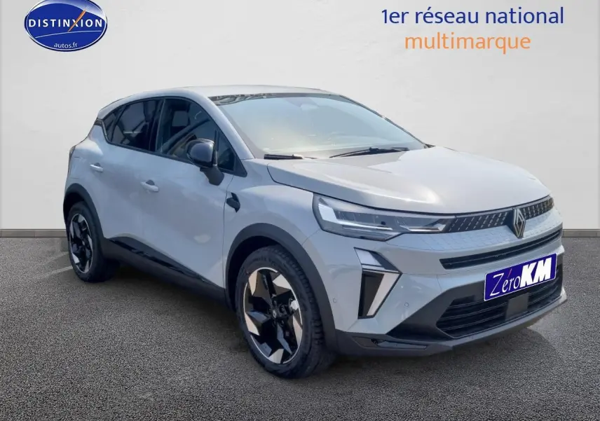 Renault Captur 1.6 e-tech hybride gris rafale en 3/4 avant droit avec jantes alu et feux LED distinctifs