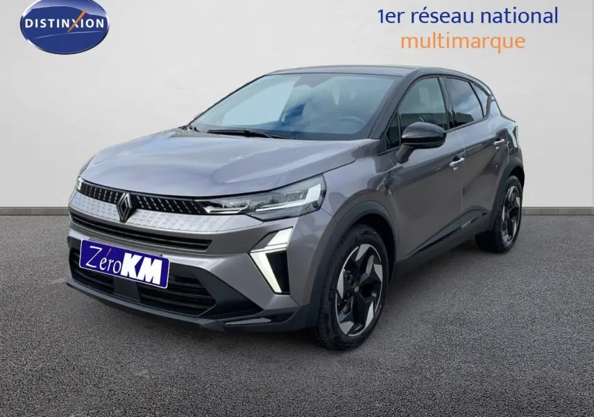 Renault Captur E-Tech gris cassiopée métal toit noir en 3/4 avant droit avec signature lumineuse LED distinctive.