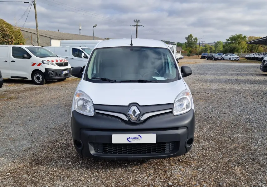 Renault Kangoo blanc en 3/4 avant droit, fourgonnette utilitaire avec pare-chocs noir mat et calandre distinctive.