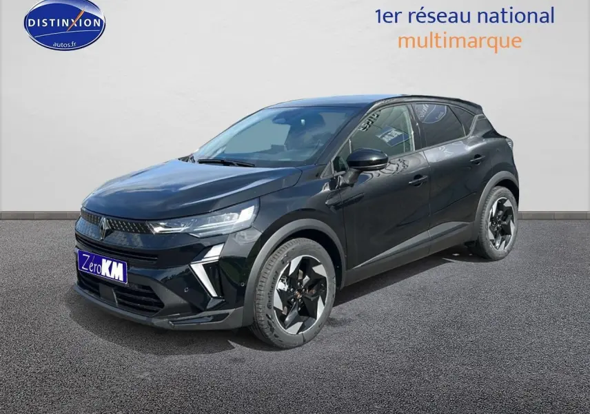 Renault Captur 1.6 e-tech hybride noir étoile en 3/4 avant droit avec jantes alu et feux LED distinctifs.