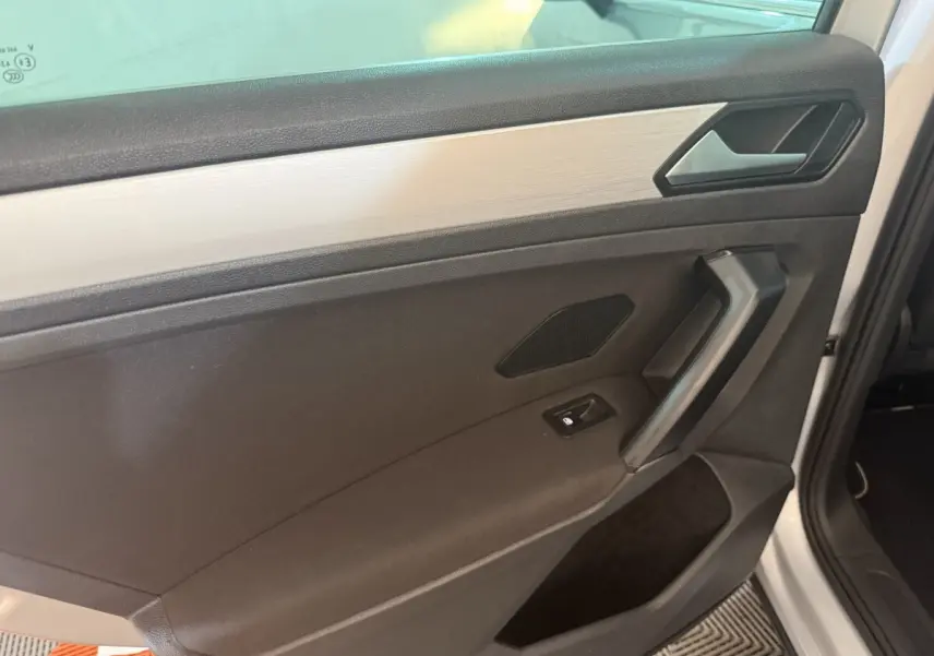 Vue intérieure côté gauche de la porte avant d’un Volkswagen Tiguan gris clair avec insert argenté et commande de vitre électrique.