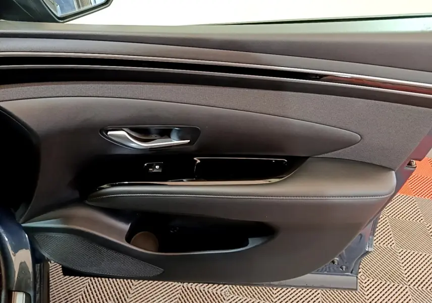 Vue intérieure côté gauche de la porte avant du Hyundai Tucson bleu, avec garniture noire et insert bois.