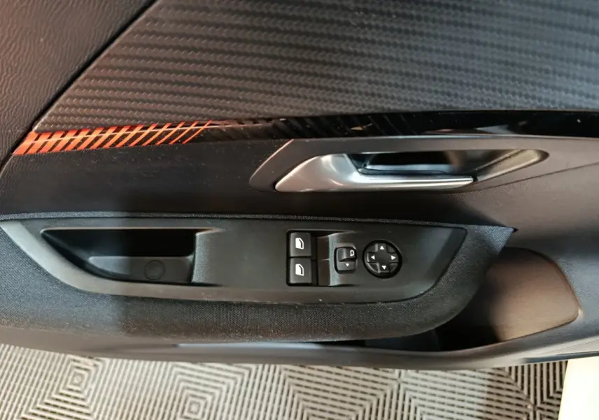 Détail de la porte côté gauche du Peugeot 208 Electrique Active Business 2020 avec commandes de vitres et rétroviseurs.