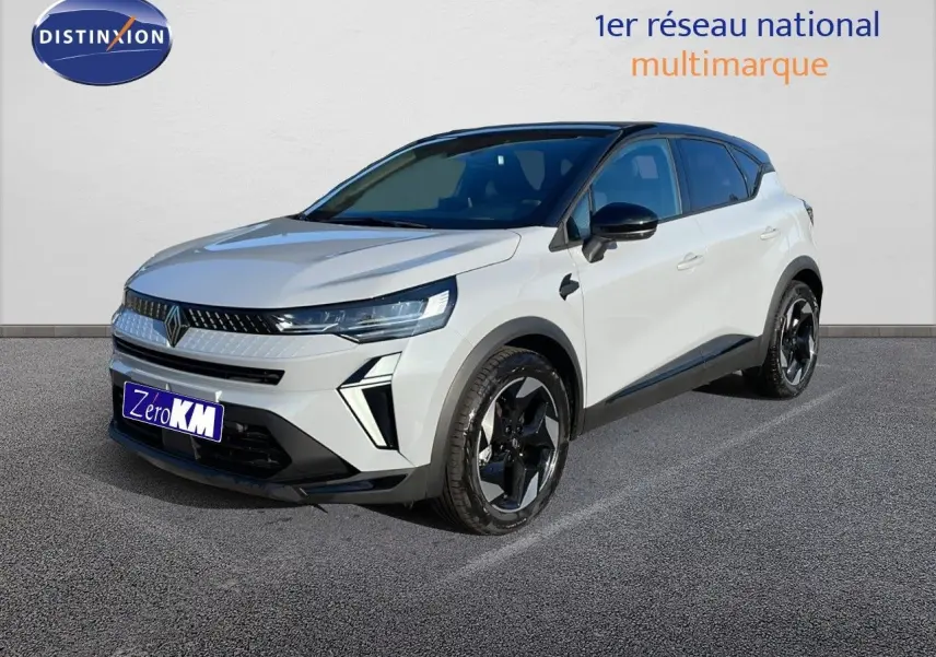 Renault Captur E-Tech hybride gris rafale métal avec toit noir, vue 3/4 avant droit sur sol gris.