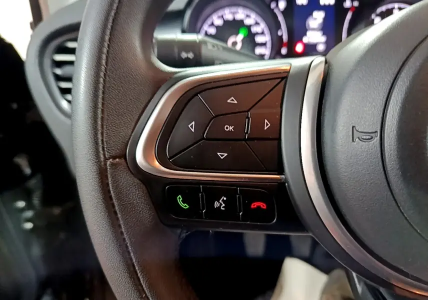 Gros plan sur les commandes multifonctions à gauche du volant du Fiat 500X gris foncé, avec tableau de bord flou en arrière-plan.