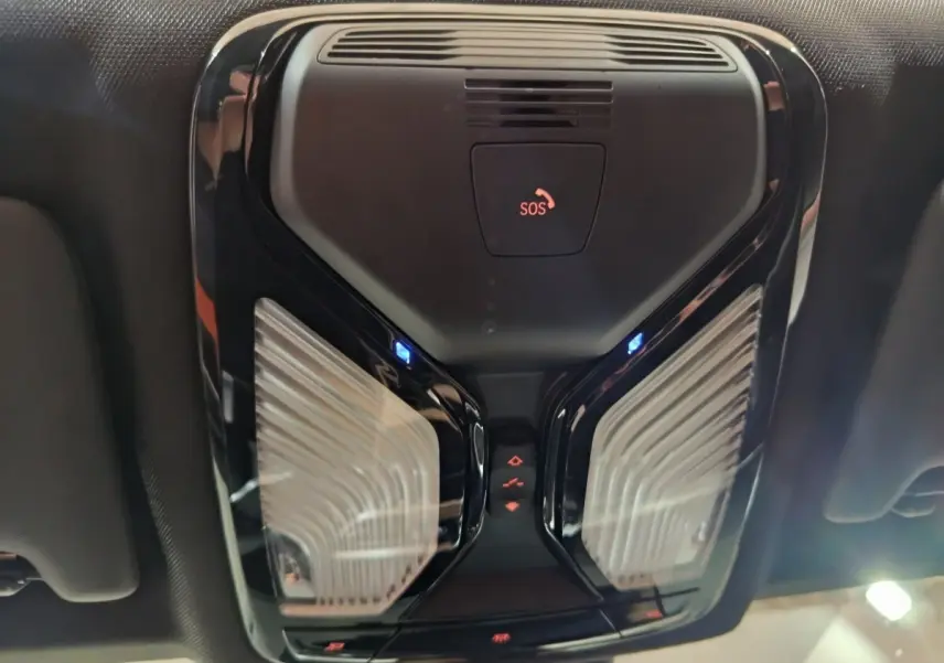 Vue en gros plan du plafonnier noir avec bouton SOS et éclairage LED bleu de la BMW Série 3 318d Lounge 2022.