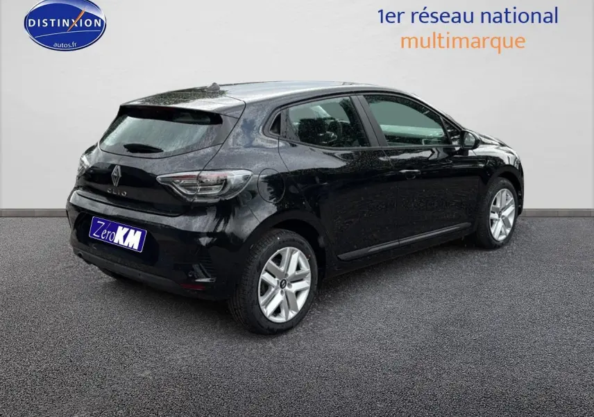 Renault Clio V noire vue de 3/4 arrière droit avec feux LED et jantes alliage argentées.