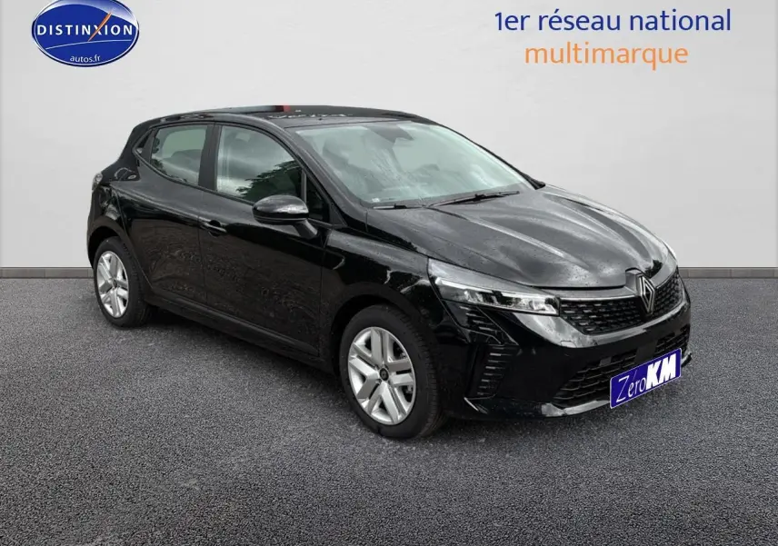 Renault Clio V noire vue en 3/4 avant droit, avec phares LED et jantes alliage argentées visibles.