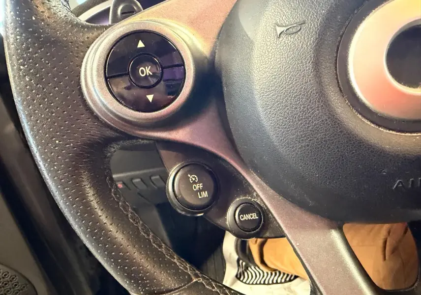 Gros plan sur le volant multifonctions noir de la Smart Fortwo Cabrio 2019 avec commandes de régulateur de vitesse.