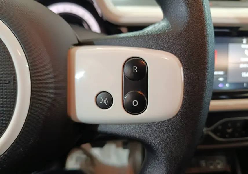 Gros plan sur les commandes blanches et noires du volant d'une Renault Twingo électrique blanche, tableau de bord flou en arrière-plan.