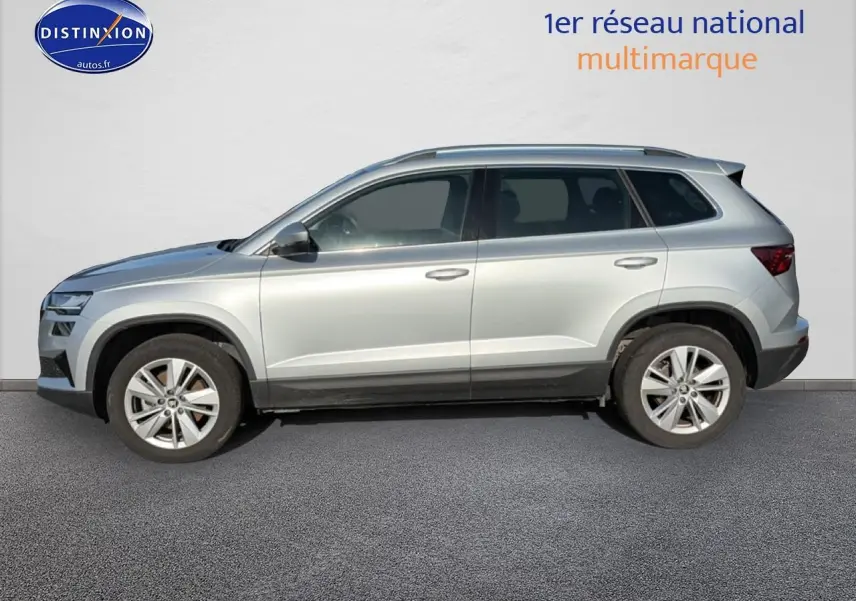 Profil côté gauche d'un Skoda Karoq gris 2025 avec jantes alu et barres de toit visibles.