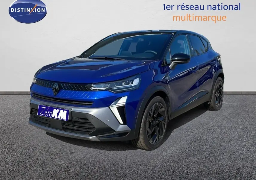 Renault Captur E-Tech hybride bleu Iron Metal avec toit noir, vue 3/4 avant droit mettant en valeur ses lignes modernes.