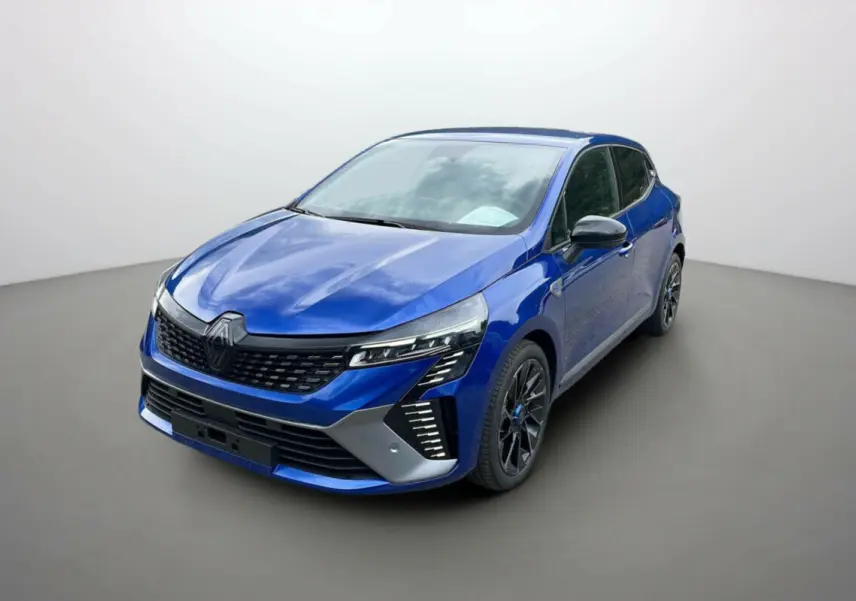 Renault Clio V TCE 90 Esprit Alpine 2025 en bleu iron, vue 3/4 avant avec calandre noire et jantes sport noires.