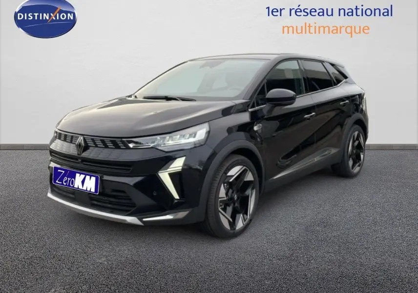 Renault Symbioz 2025 noir étoile métal en 3/4 avant droit, avec jantes bicolores et éclairage LED distinctif.