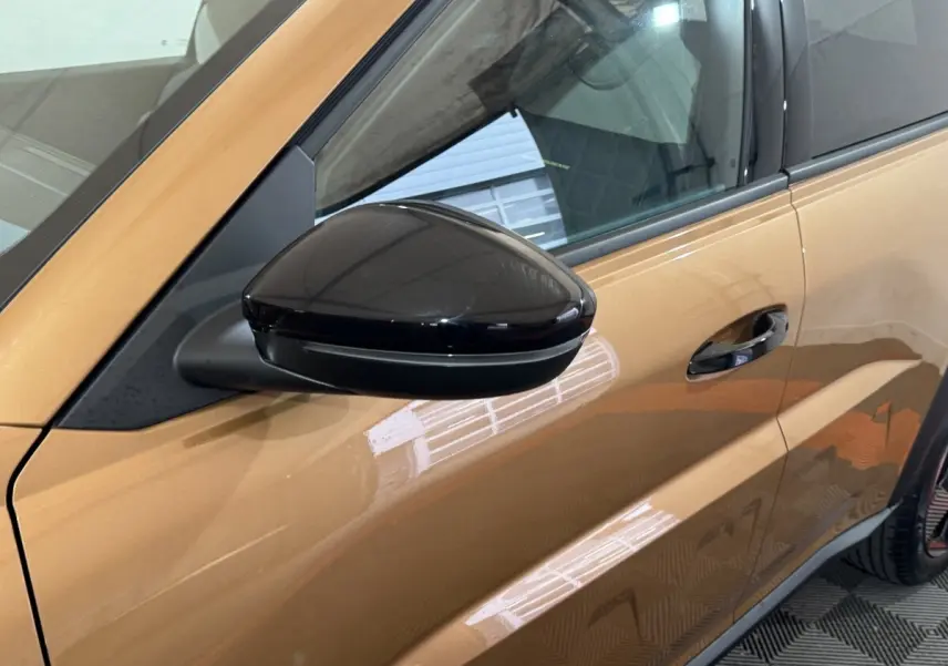 Gros plan sur le rétroviseur noir électrique et la porte marron côté conducteur de la Fiat Grande Panda 2025.