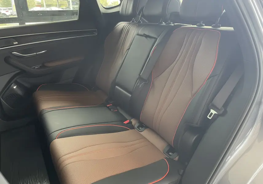 Vue intérieure côté droit des sièges arrière en similicuir noir et brun avec surpiqûres rouges du BYD SEAL U 2025.