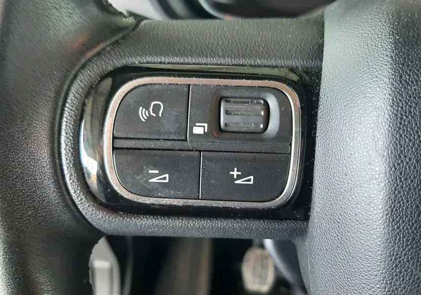 Gros plan sur les commandes au volant du Citroën Berlingo 2019, finition Shine, avec tableau de bord flou en arrière-plan.