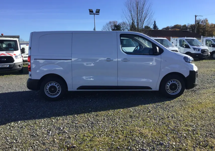 Peugeot Expert Fourgon blanc vu de profil côté gauche sur un terrain extérieur avec plusieurs véhicules en arrière-plan.