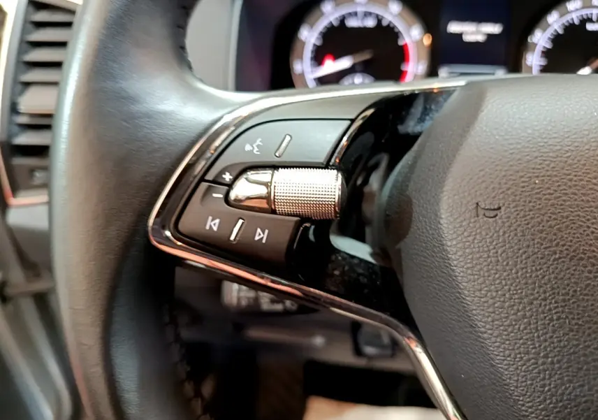 Gros plan sur le volant noir du Skoda Karoq 2022, avec commandes audio et tableau de bord lumineux en arrière-plan.